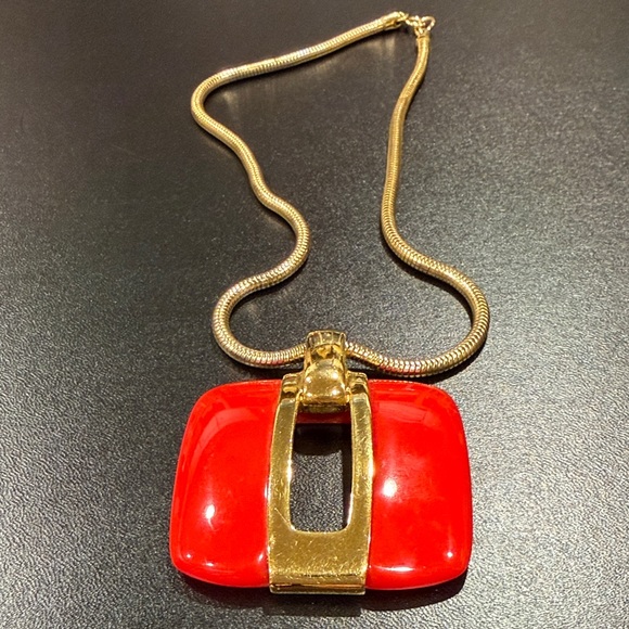 Lanvin Jewelry - LANVIN Vintage 1970s Gold Plated and Red Pendant Keyhole Necklace w/ Snake Chain